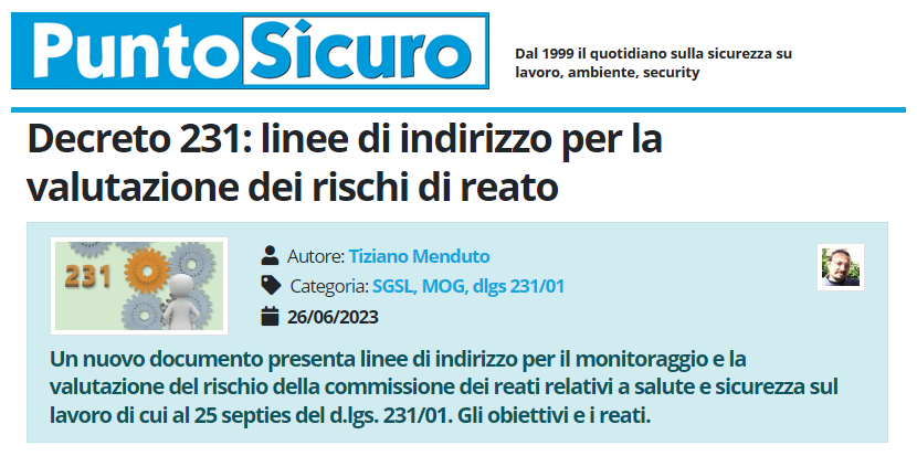 DECRETO 231: LINEE DI INDIRIZZO PER LA VALUTAZIONE DEI RISCHI DI REATO ...